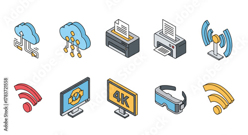 Vibrant isometric line icon set featuring 3D vector colorful illustrations of technology and digital symbols, including cloud computing, printing, VR glasses, 4K resolution display, and wireless