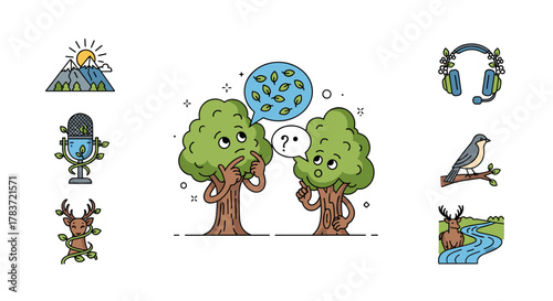 Charming cartoon illustration of two anthropomorphic trees engaged in a thoughtful discussion, surrounded by nature-themed icons including mountains, a microphone, a deer, headphones, a bird, and a