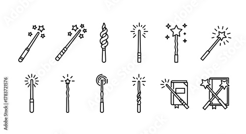 Collection of simple, isolated line icons representing magic wands, featuring editable strokes and suitable for various applications like websites, books, cards, and apps, presented as a vector