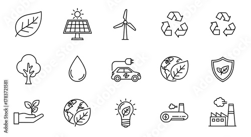 Vector illustration web line icon collection showcasing environmental themes, sustainability, green energy, recycling, conservation, eco-living, nature, and protection of the planet. Includes icons