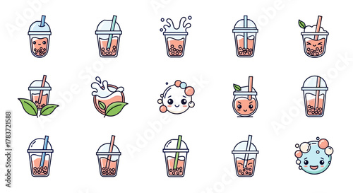 Collection of cute and kawaii bubble tea icons, featuring various designs of boba drinks with straws, leaves, and splashes, alongside adorable bubble characters, perfect for branding, menus, and