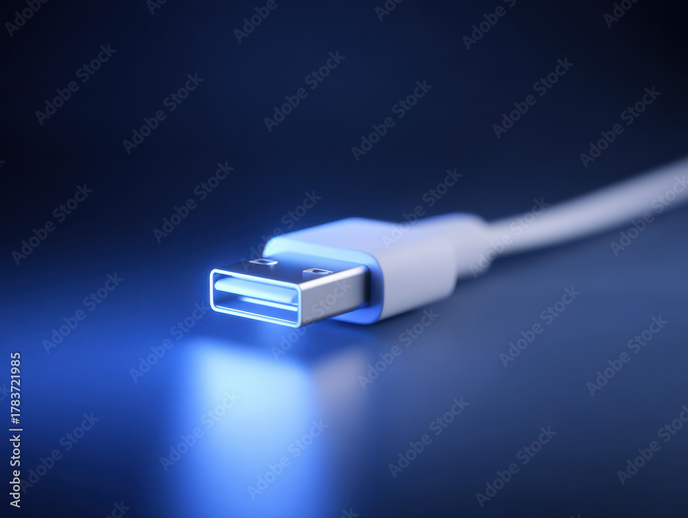 Fototapeta premium USB cable connector illuminated by soft blue light close up macro shot with blurred background