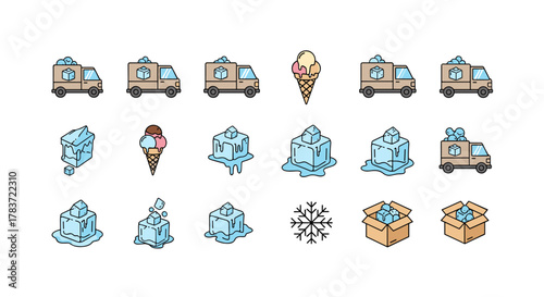 Collection of minimalistic thin line icons representing ice cubes, melting ice, ice cream cones, a snowflake, and delivery vans filled with ice, perfect for web, graphic design, apps, banners, social