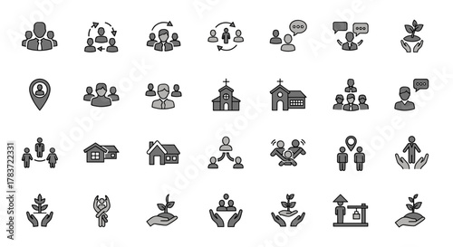 Vibrant community icon set featuring diverse representations of people, friendship, social connections, village life, relationships, support systems, and community development, presented in a clean