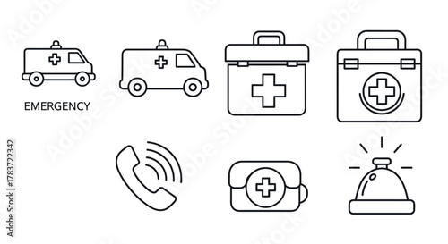 Collection of minimalist line art icons representing emergency medical services and healthcare, including an ambulance, a first aid kit, an emergency call symbol, and a hospital alarm bell, all set
