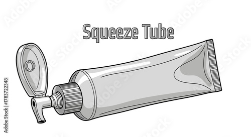 A clean, minimalist illustration of a silver squeeze tube with its cap open, showcasing its ribbed nozzle and textured end, perfect for representing personal care, cosmetics, or pharmaceutical