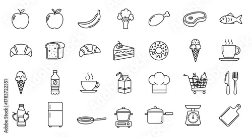 A comprehensive collection of thin line style vector icons representing a wide variety of food and drink items, including fresh fruits like apples and bananas, vegetables such as broccoli, baked