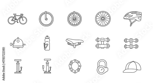 Collection of modern and editable bicycle icons isolated on a white background, featuring a bicycle, helmet, wheels, water bottle, saddle, pedals, chain, lock, bell, air pumps, and cap, presented as