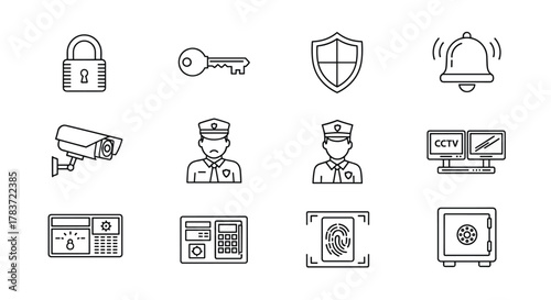 Collection of simple line vector icons representing security and surveillance concepts, including a padlock, key, shield, alarm bell, CCTV camera, security guard, surveillance monitors, access