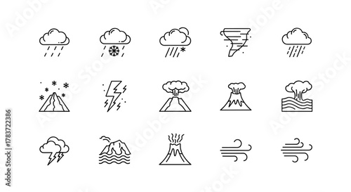 A minimalist icon set showcasing various weather phenomena and natural disasters, including rain, snow, tornado, earthquake, flood, volcano, and wind, presented in a clean, modern line art design for