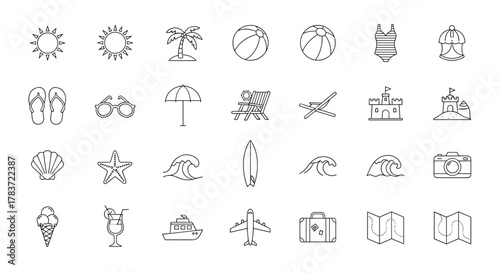 Collection of minimalist thin line web icons representing summer vacation and beach elements, including sun, palm tree, beach ball, swimsuit, flip-flops, sunglasses, umbrella, deck chair, sandcastle