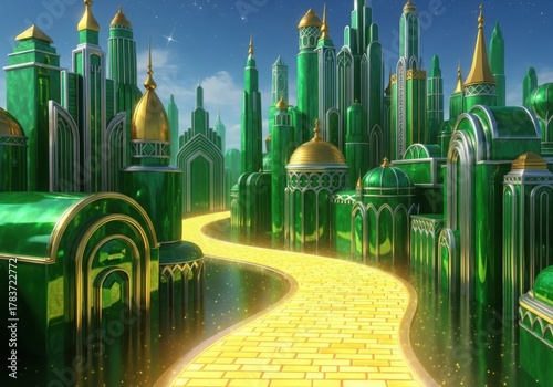 Emerald city with golden spires and a winding yellow brick road fantasy