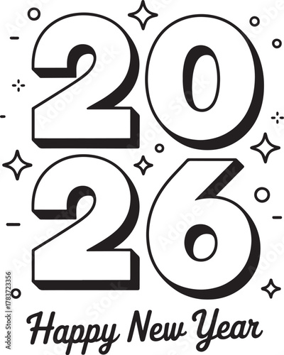 Bold black 2026 numbers with happy new year text and sparkles celebration