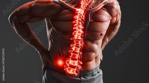 Man with exposed muscles and glowing spine showing anatomy and potential back pain issues here