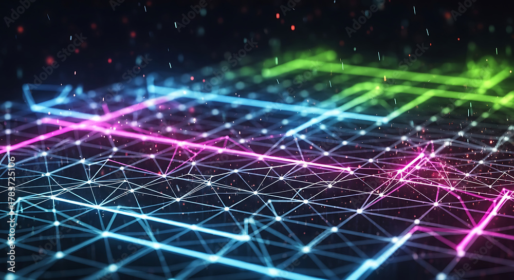 Obraz premium Dynamic Multi-Colored Digital Network with Glowing Data Paths