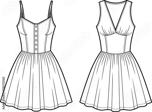 Summer dress illustration, fashion garment sketch, technical flat drawing, sleeveless design artwork, sweetheart neckline detail, apparel construction, stylish clothing outline