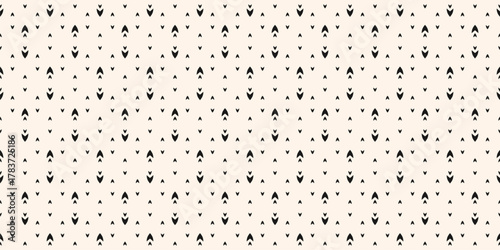 Vector monochrome minimalist seamless pattern with small arrows. Simple abstract geometric texture with tiny scattered chevrons. Black and white background. Repeated modern design for textile, print