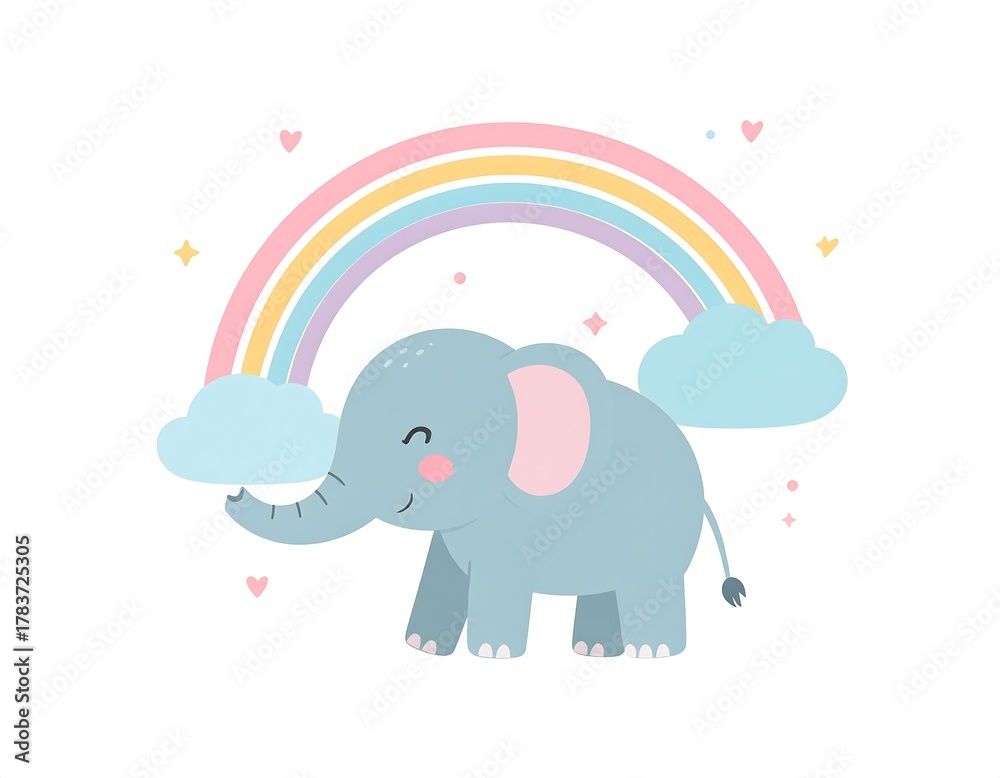 Fototapeta premium Cute cartoon elephant smiling under a pastel rainbow with clouds and twinkling stars