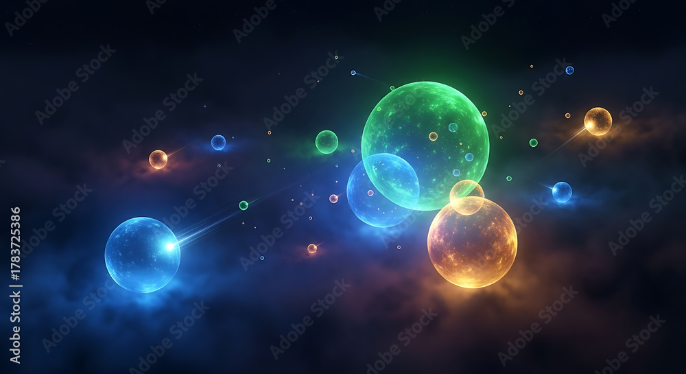 Fototapeta premium Vibrant Luminous Orbs Floating in a Dark, Nebulous Space