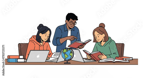 Students studying global issues with a teacher's guidance