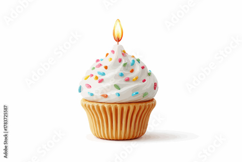 Celebrate with this delightful cupcake topped with colorful sprinkles and a flickering candle, perfect for birthdays and sweet celebrations