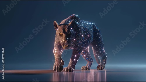 3d render of abstract art with surreal wild king lion panther animal in walk process based on neon glowing curve wavy lines forms in purple red and white color on black background  