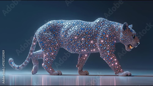 3d render of abstract art with surreal wild king lion panther animal in walk process based on neon glowing curve wavy lines forms in purple red and white color on black background  