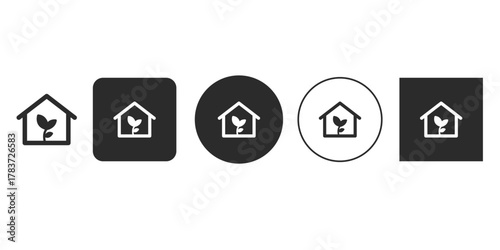 Collection of eco house icons, representing sustainable living, green energy, and environmental consciousness in a minimalist design