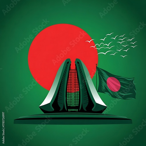 Iconic national monument of bangladesh with red sun and waving flag symbolizing independence and patriotism
