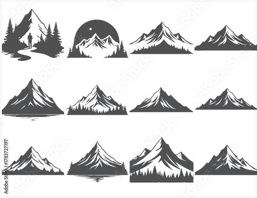 Collection of stylized mountain peaks and landscapes in a silhouette graphic style