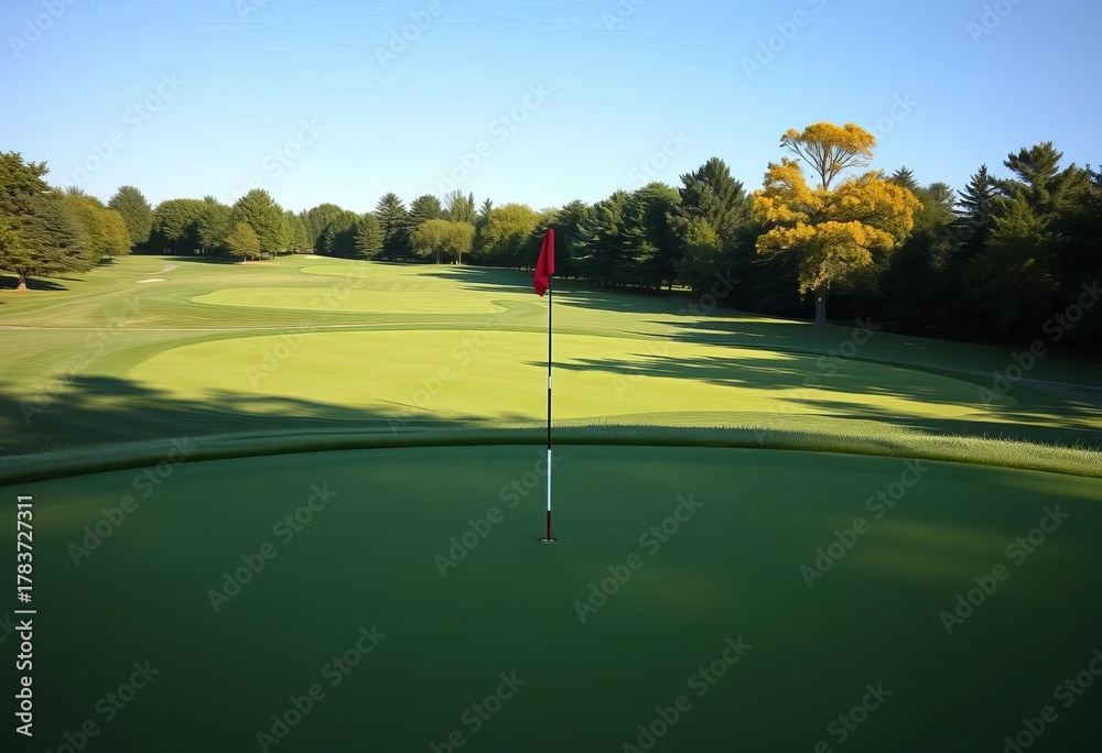 Obraz premium Lush golf course hole with tee markers on the teeing ground, a manicured putting green, surrounded by fringe, and a flagstick visible, well-maintained, green space