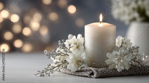 Christmas Candle With White Flowers And Bokeh Lights For Wallpaper, Poster, Banner. Festive Decorative Composition With Warm Aesthetic And Creative Design.