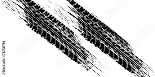 Black tire marks on a white background with a worn effect and splashes of dirt. Vector isolated texture .Tire tracks background for rally, drift, motocross, off-road and other auto and motorsport.