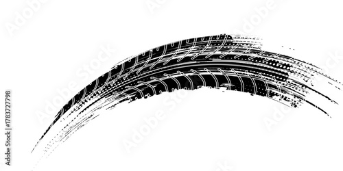 Black tire marks on a white background with a worn effect and splashes of dirt. Vector isolated texture .Tire tracks background for rally, drift, motocross, off-road and other auto and motorsport.
