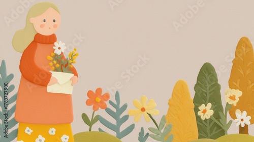 Whimsical Illustration Of A Girl Holding Flower Bouquet In Envelope Among Colorful Plants And Trees For Wallpaper, Poster, Banner. Artistic Composition With Warm Aesthetic.