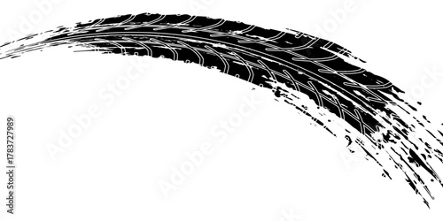 Black tire marks on a white background with a worn effect and splashes of dirt. Vector isolated texture .Tire tracks background for rally, drift, motocross, off-road and other auto and motorsport.