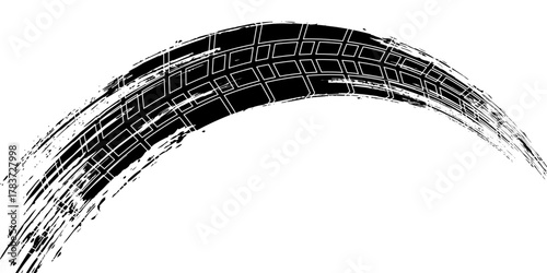 Black tire marks on a white background with a worn effect and splashes of dirt. Vector isolated texture .Tire tracks background for rally, drift, motocross, off-road and other auto and motorsport.