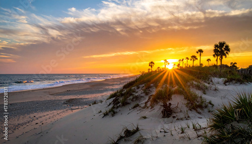 Fototapeta Naklejka Na Ścianę i Meble -  Serene Beach Sunrise with Sandy Path and Dune Grass