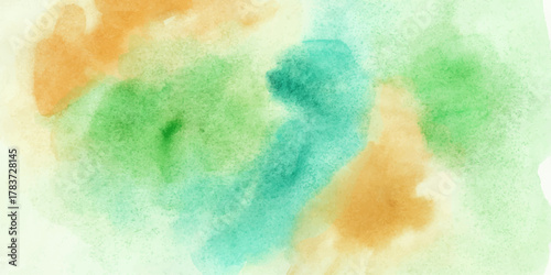 Yellow, green, blue watercolor abstract background, form, design element. Colorful hand painted texture, wash. Abstract clouds, blots. Frame, place for text. Soft noisy, grainy gradient. 