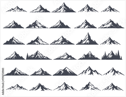 Collection of diverse mountain peaks and ranges in silhouette style