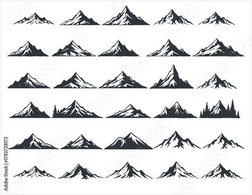Collection of diverse mountain range silhouettes in a clean vector graphic style