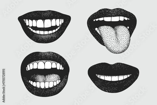 Y2k mouth vector set, retro 90s collage of lips with grunge halftone textures, smile, tongue, and open or closed mouth expressions, punk pop art style