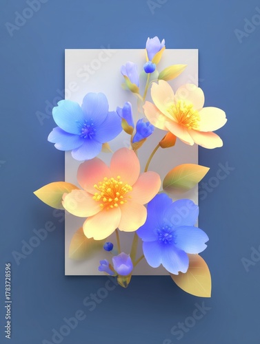 3D Floral Illustration With Blue And Orange Pink Flowers On Light Gray Card Over Blue Background For Wallpaper, Poster, Banner. Artistic Botanical Composition With Modern Aesthetic.