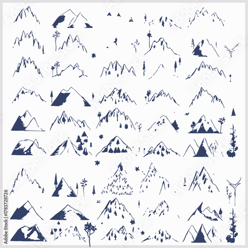 Collection of hand drawn mountain peaks and landscapes in a simple sketchy style