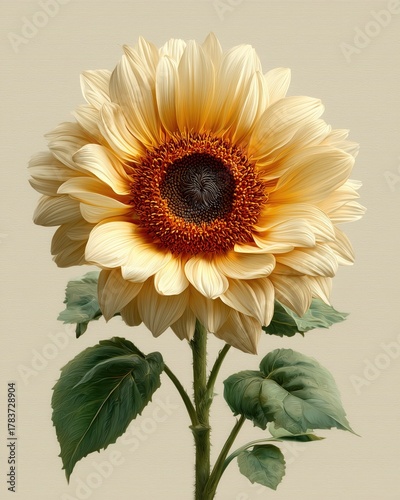 Cream Colored Sunflower Artistic Illustration With Green Leaves On Beige Background For Wallpaper, Poster, Banner. Botanical Floral Composition With Vintage Aesthetic.