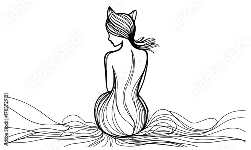 Minimalist Continuous Line Art Drawing of Beautiful Woman with Cat Ears Sitting