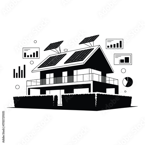 Modern house with solar panels and data analytics charts