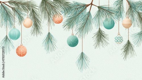 Christmas Illustration With Pine Branches And Colorful Ornaments In Teal, Orange, Beige Tones For Wallpaper, Poster, Banner. Festive Decorative Composition With Vintage Aesthetic.