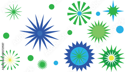 Blue and green sunbursts in various styles. All objects are isolated.