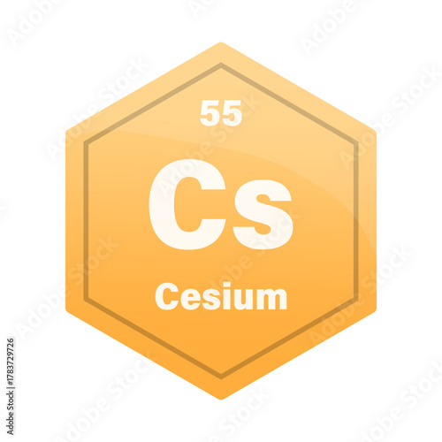 Cesium chemical element tile. Atomic number 55. Cs chemical sign. Yellow orange Vector hexagon.